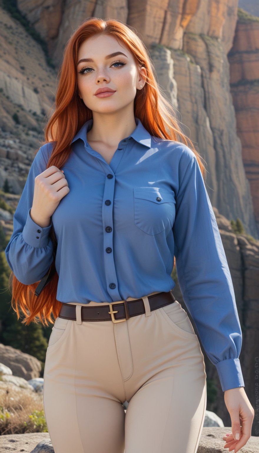 beautiful sexy redhead woman, wearing blue long-sleeve button up collared shirt & beige khaki pants, lost in a rocky landscape with cloudy skies, 1girl