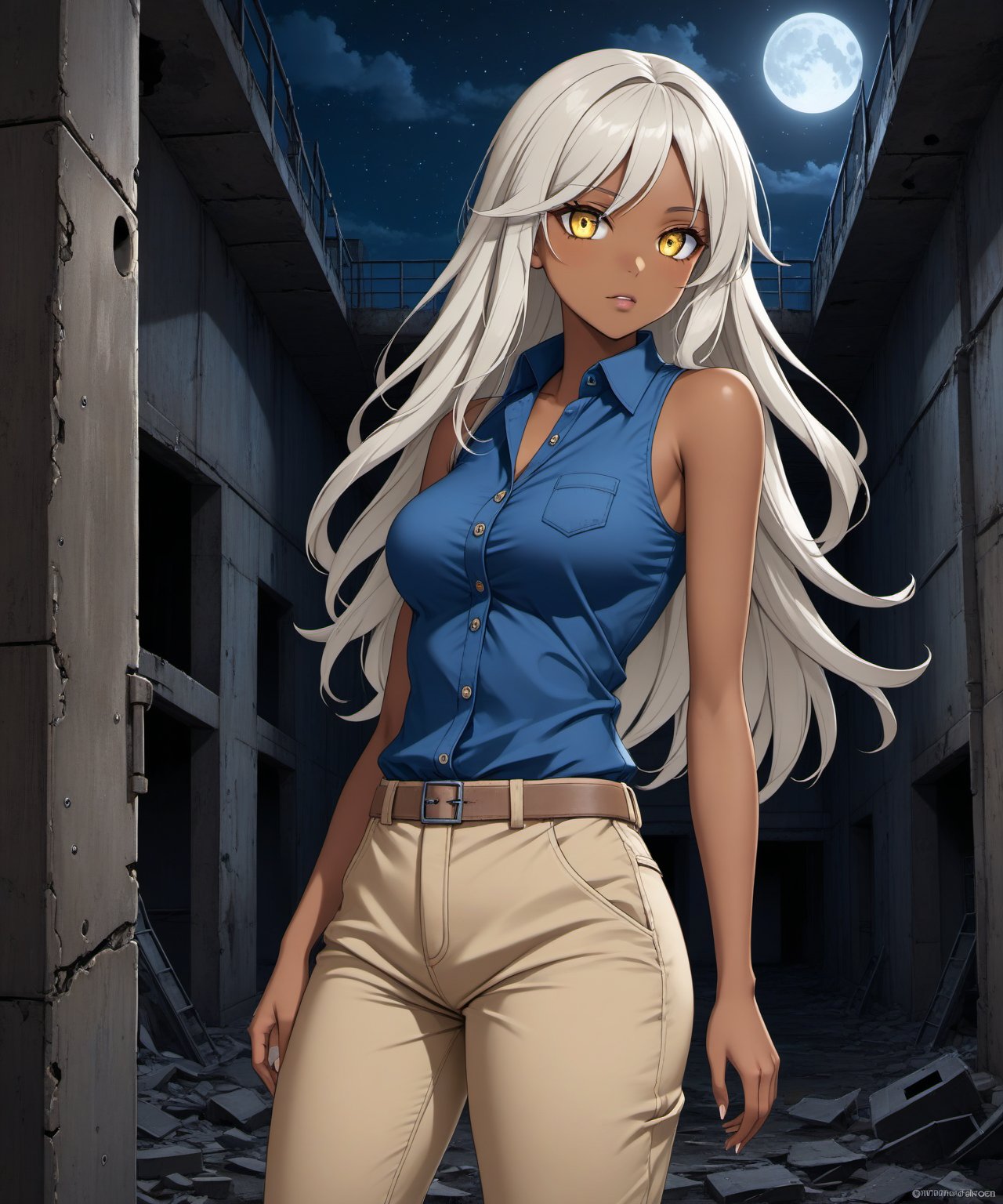 Brown skin beautiful sexy anime girl with long silver hair & yellow eyes, wearing blue sleeveless button up collared shirt & beige khaki pants, inside of a abandoned biomechanical prison in a dark night sky, 1girl, dystopian