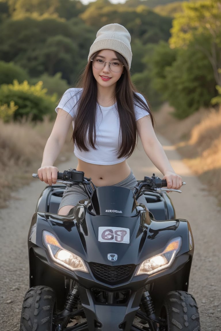 20s Korean girl dark brown long hair,  wearing a white crop top and gray shorts. She is wearing a beige/cream beanie and g...