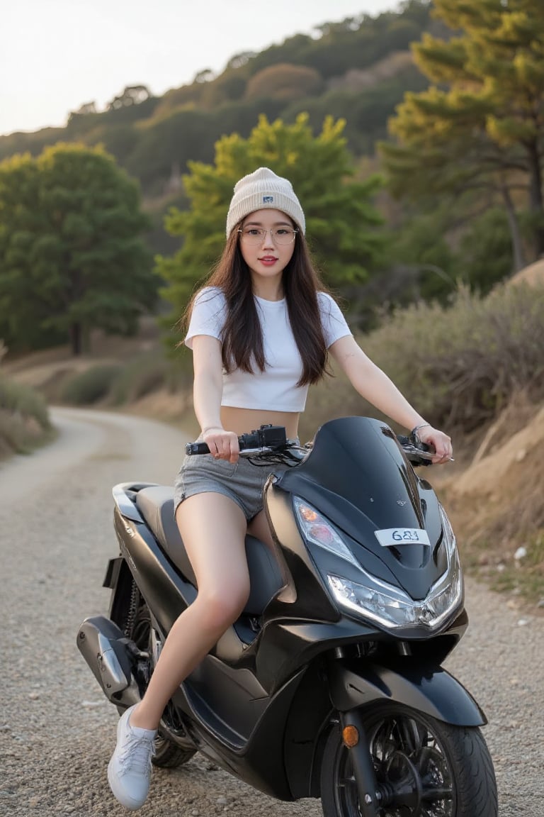 20s Korean girl dark brown long hair,  wearing a white crop top and gray shorts. She is wearing a beige/cream beanie and g...