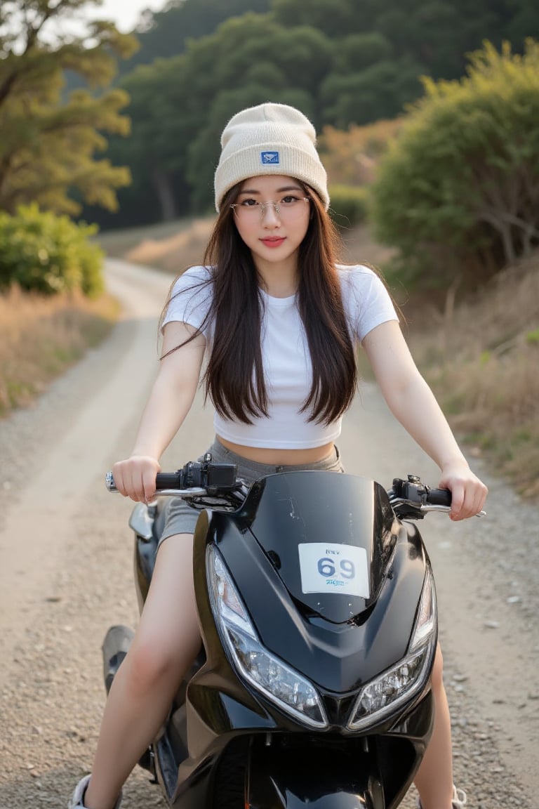 20s Korean girl dark brown long hair,  wearing a white crop top and gray shorts. She is wearing a beige/cream beanie and g...