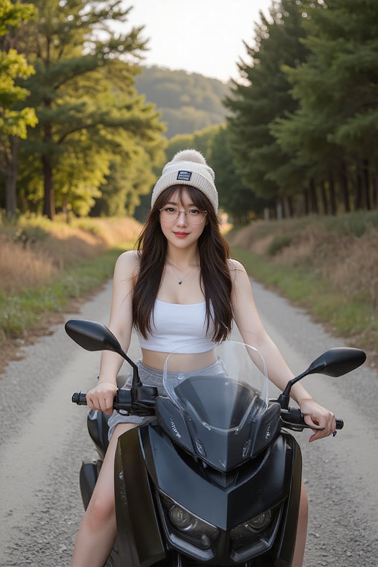 20s Korean girl dark brown long hair,  wearing a white crop top sleeveless and gray shorts. She is wearing a beige/cream b...