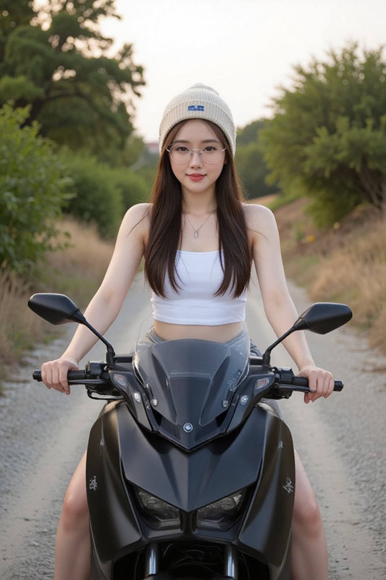20s Korean girl dark brown long hair,  wearing a white crop top sleeveless and gray shorts. She is wearing a beige/cream b...