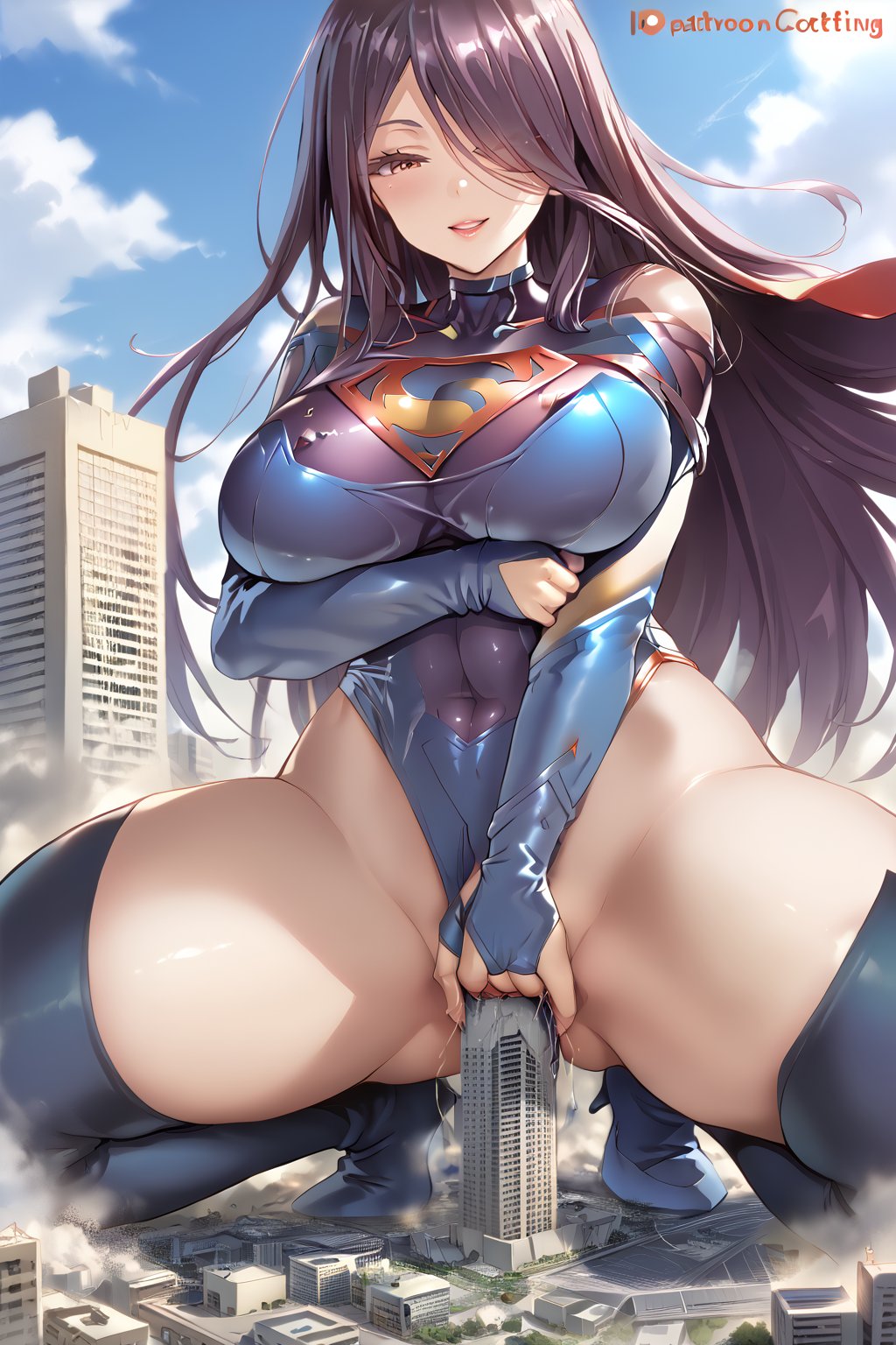 giantess, Destroy the city, Female masturbation, Trampling the city, the ground is full of ruins, a thousand times the female giant, giantess, mini city, SuperGirl, Supergirl's Tight-fitting uniform, Long purple hair, supergirl, giga size, supergirl, giantess, purple conjoined stockings, Purple spire heels, Treading on mini cities, Red cloak, Ultra long purple stocking,Giant chests,Female masturbation,Destroy the city,giantess,supergirl bodysuit