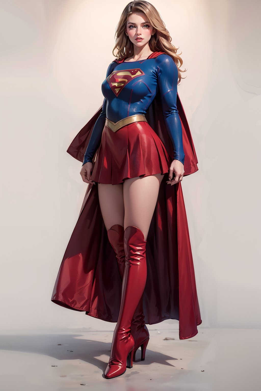 Girl with Long Hair (Supergirl) ,supergirl,full body,bodysuit, long sleeves, red cape, red skirt, red high heels thigh boots,white background,