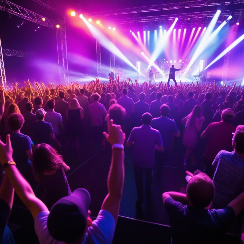 A vibrant, colorful music festival with a lively crowd dancing and cheering under the bright stage lights. The scene captures a diverse group of people enjoying the energetic atmosphere, with musicians performing on stage, illuminated by dynamic lighting effects. The composition showcases the joyful interaction between the audience and performers, creating a dynamic and festive ambiance.