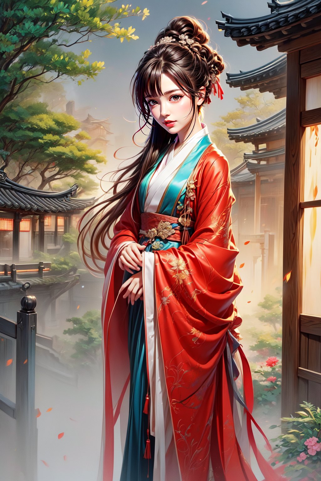 1girl, solo, long hair, looking at viewer, bangs, skirt, black hair, long sleeves, holding, brown eyes, standing, full body, ponytail, japanese clothes, indoors, wide sleeves, head tilt, red lips, hanfu