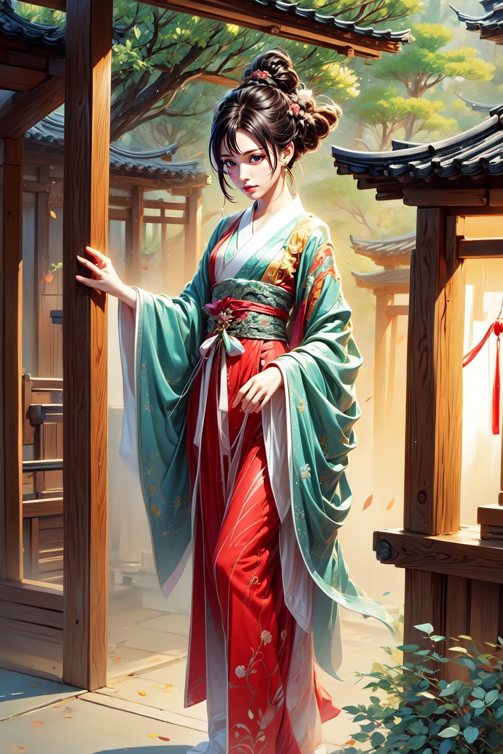 1girl, solo, long hair, looking at viewer, bangs, skirt, black hair, long sleeves, holding, brown eyes, standing, full body, ponytail, japanese clothes, indoors, wide sleeves, head tilt, red lips, hanfu