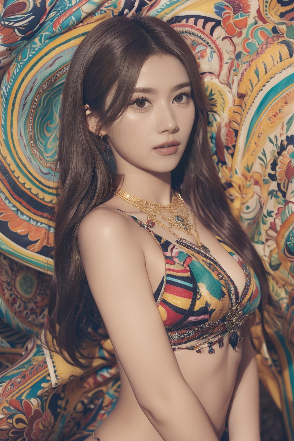 1girl, solo, Yukina, oil painting, impasto, looking at viewer, a young woman, 18 years old, brown hair, long hair, green eyes, skinny body, big breasts, tribal necklace, urban psychedelic outfit, psychedelic  background, masterpiece, nijistyle, niji, ,sciamano240, soft shading, yukina, popular fashion,Sana