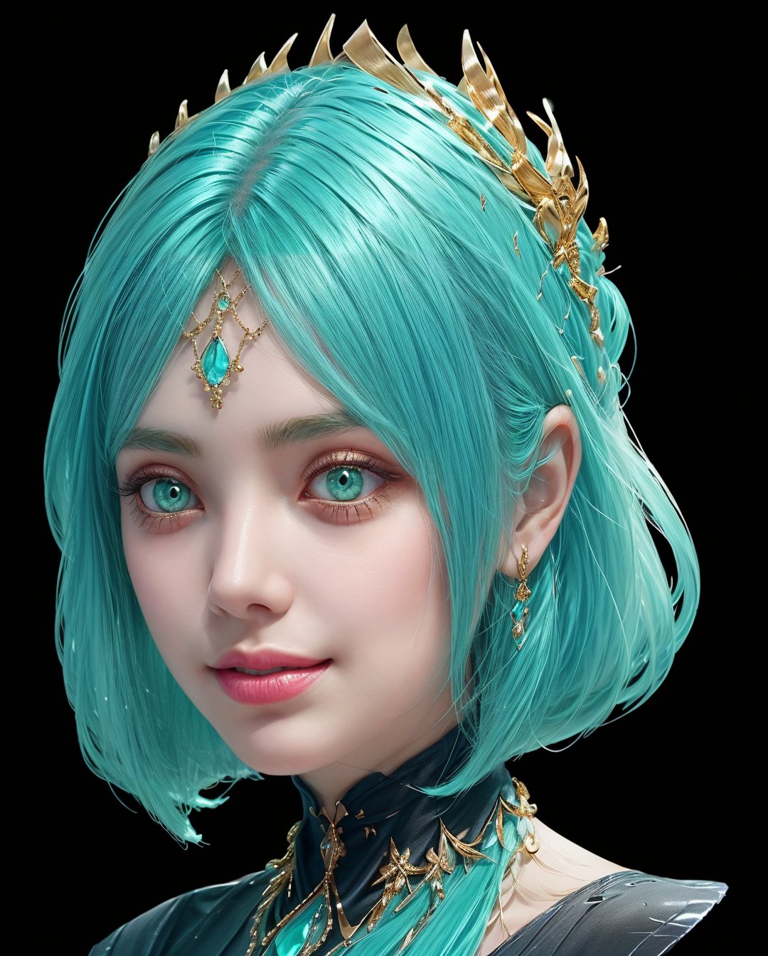 1girl, (masterpiece, best quality, ultra-detailed, 8K), ((black background)), vibrant colors, (,short_hair, aqua_hair, bangs,) (, green_eyes, makeup, grunge makeup,) big breasts, ((abstract background)) , happy_face, smile, jewels, ((half_body_portrait, head and stomach portrait, face_forward,)), hair_ornament, jewelry, looking_at_viewer,High detailed, navel, mini skirt, ,sangonomiya kokomi (sparkling coralbone),Vexana