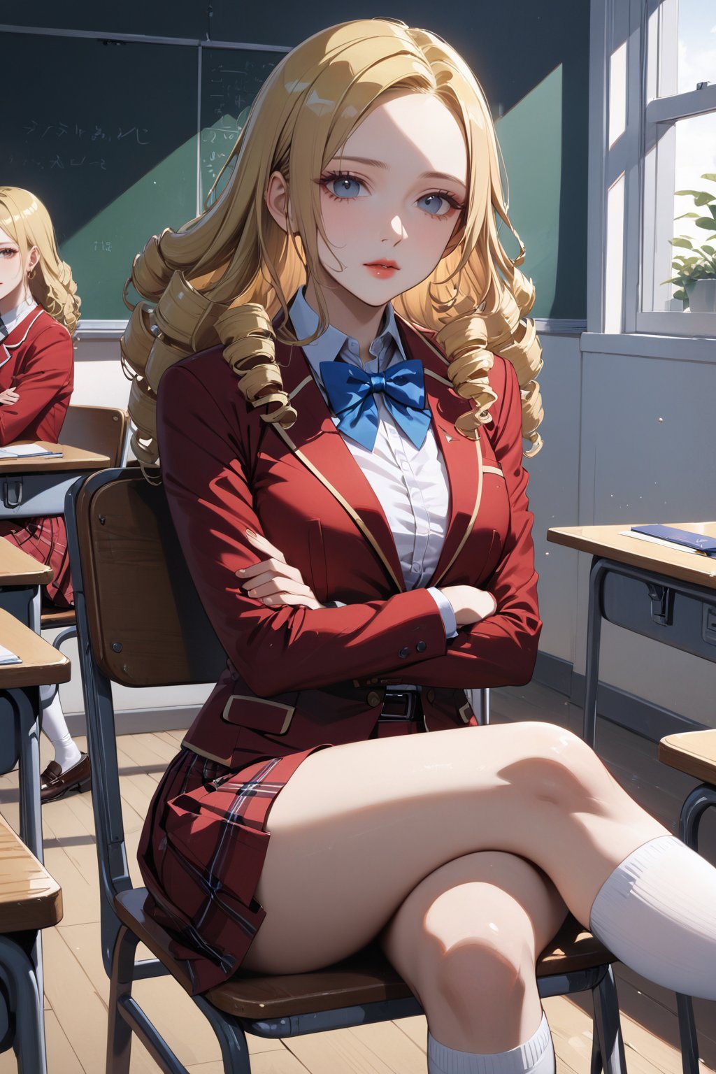 score_9, score_8_up, score_7_up, score_6_up, masterpiece, best quality, ultra-detailed, highres, absurdres, 
1girl, solo, solution epsilon \(overlord\), drill hair, blonde hair, blue eyes, large breats
school uniform, blazer, red blazer, shirt, white shirt, collared shirt, skirt, red skirt, bow, bowtie, blue bowtie, white socks, shoes, loafer shoes, 
school classroom, indoors, 
sitting on chair, crossed arms, crossed legs, light smile, looking up at viewer, holding folding fan, female focus, 