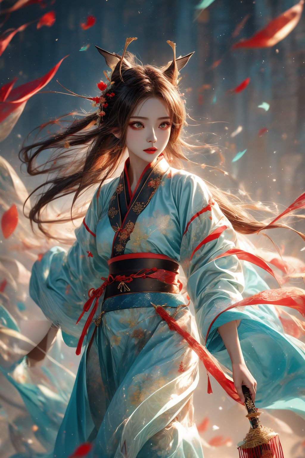 muelsyse (Arknights), 1girl, solo, slightly upturned lips, lipgloss, beautiful delicate eyes, hanfu, hanfu, splash background, holding sword, best quality, amazing quality, very aesthetic, ridiculous,girl, chinese clothes ,yumi