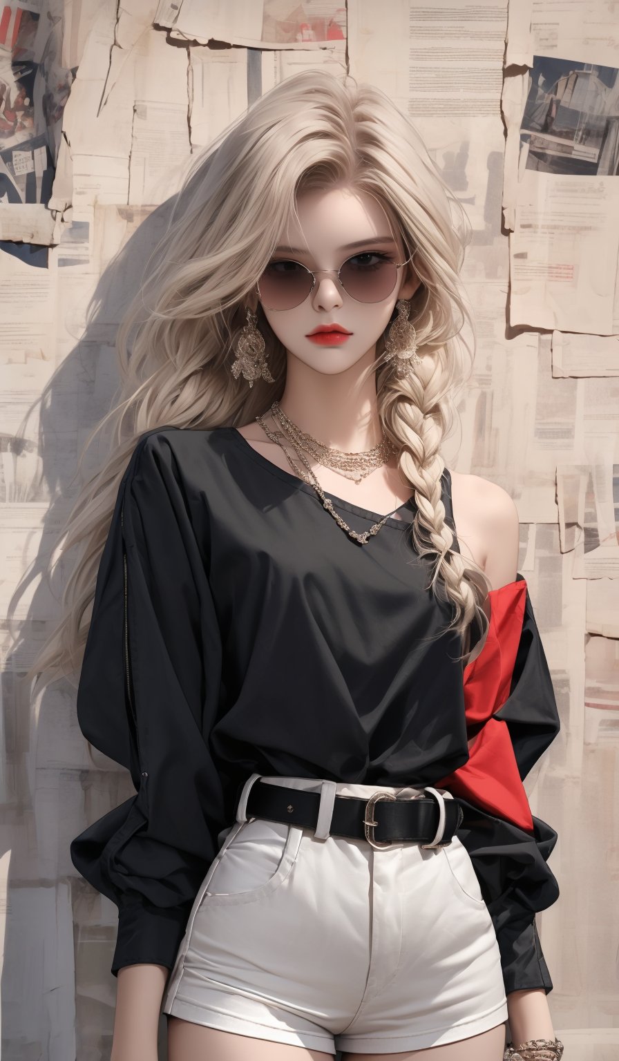  masterpiece art, 8k, (A beautiful teen girl with a skinny body), (white braid hair) , she is wearing a (red designed full sleeve top and black designed Paperbag Waist Shorts), (waist belt), (black sunglasses), fashion style clothing. Necklace, jewelry, Her toned body suggests her great strength. The girl is dancing hip-hop and doing all kinds of cool moves.,white wall background,shot from a distance,detailed art Sohwa,medium full shot,skinny,Detaileddace