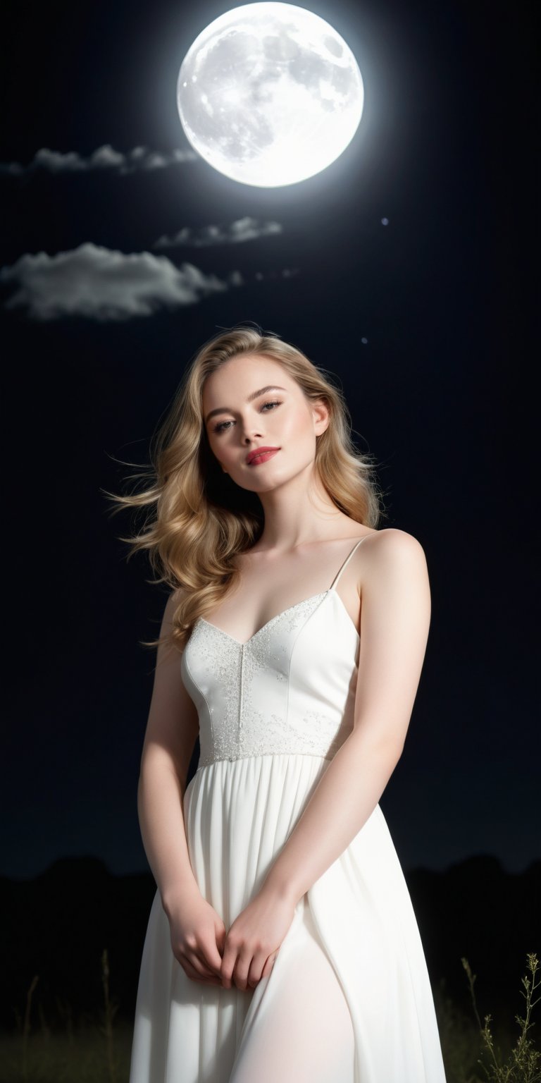 A teenage girl stands serene against a velvety black night sky, her porcelain-pale skin glowing softly in the moonlight. She wears a flowing white dress that rustles gently as she poses, paired with gleaming white boots that seem to shimmer in harmony. Her lovely face is bathed in an ethereal light, highlighting her luscious locks and juicy lips that curve into a subtle smile. The moon's gentle rays dance across her hair, imbuing the scene with an air of mystique.