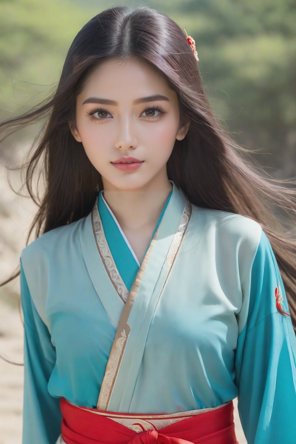 1girl, long hair, looking at viewer, multiple girls, black hair, long sleeves, brown eyes, very long hair, outdoors, solo focus, lips, sash, chinese clothes, realistic, red lips,Wonder of Beauty