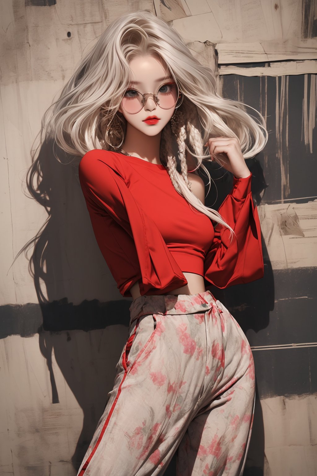  A beautiful teen girl with a skinny body, (white multi dreadlocks hair) , she is wearing a (red designed full sleeve top and designed Harem Pants), fashion style clothing. eye glasses, Her toned body suggests her great strength. The girl is dancing hip-hop and doing all kinds of cool moves.,Sohwa,medium shot