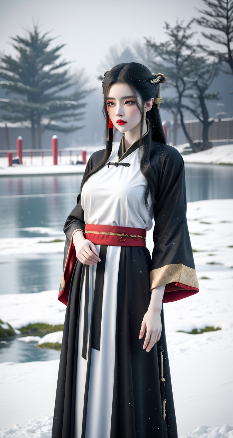 8k, masterpiece, best quality, dream wave, aesthetic, ((1 girl)),(hanfu clothes:1.3), (large breasts:1.29),((winter:1.2)),(snow:1.2), (false:1.15),(void:1.25),(magic:1.25),dream_girl