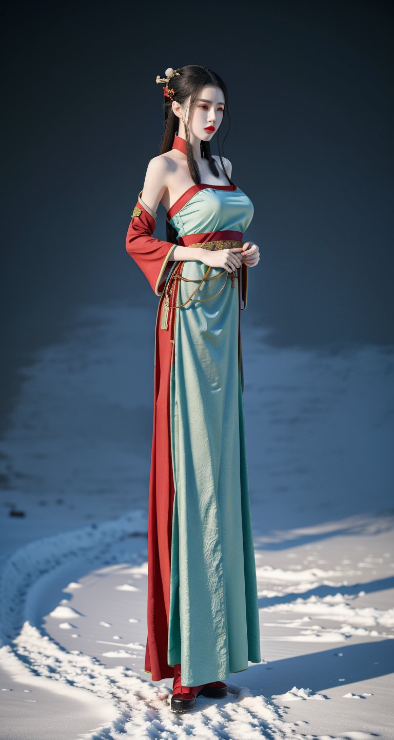 8k, masterpiece, best quality, dream wave, aesthetic, ((1 girl)),(hanfu clothes:1.3), (large breasts:1.29),((winter:1.2)),(snow:1.2), (false:1.15),(void:1.25),(magic:1.25),dream_girl