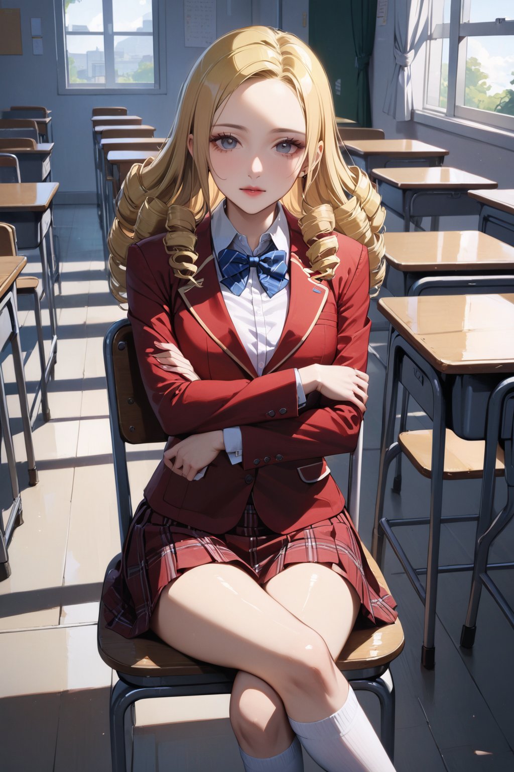 score_9, score_8_up, score_7_up, score_6_up, masterpiece, best quality, ultra-detailed, highres, absurdres, 
1girl, solo, solution epsilon \(overlord\), drill hair, blonde hair, blue eyes, large breats
school uniform, blazer, red blazer, shirt, white shirt, collared shirt, skirt, red skirt, bow, bowtie, blue bowtie, white socks, shoes, loafer shoes, 
school classroom, indoors, 
sitting on chair, crossed arms, crossed legs, light smile, looking up at viewer, holding folding fan, female focus, 