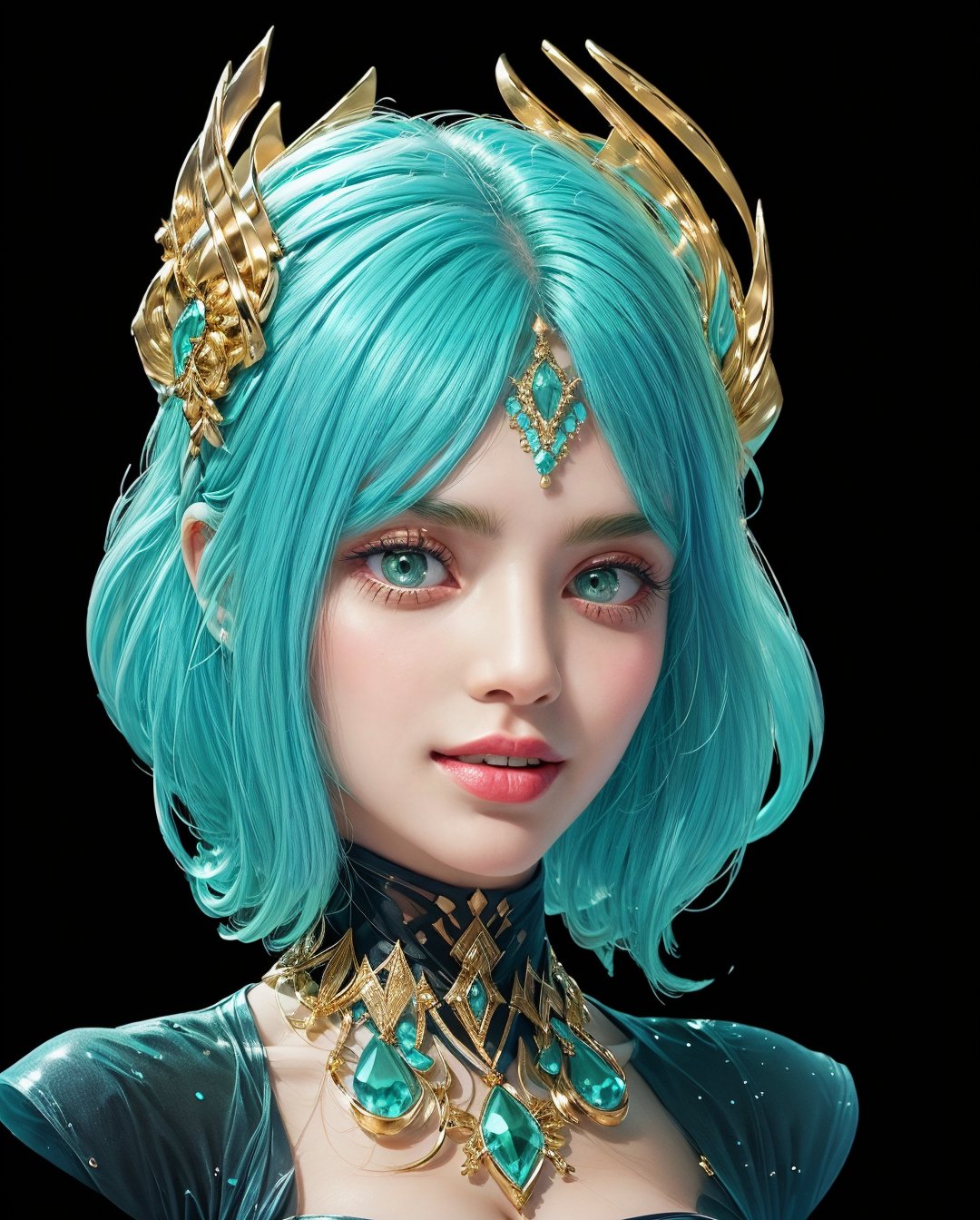 1girl, (masterpiece, best quality, ultra-detailed, 8K), ((black background)), vibrant colors, (,short_hair, aqua_hair, bangs,) (, green_eyes, makeup, grunge makeup,) big breasts, ((abstract background)) , happy_face, smile, jewels, ((half_body_portrait, head and stomach portrait, face_forward,)), hair_ornament, jewelry, looking_at_viewer,High detailed, navel, mini skirt, ,sangonomiya kokomi (sparkling coralbone),Vexana