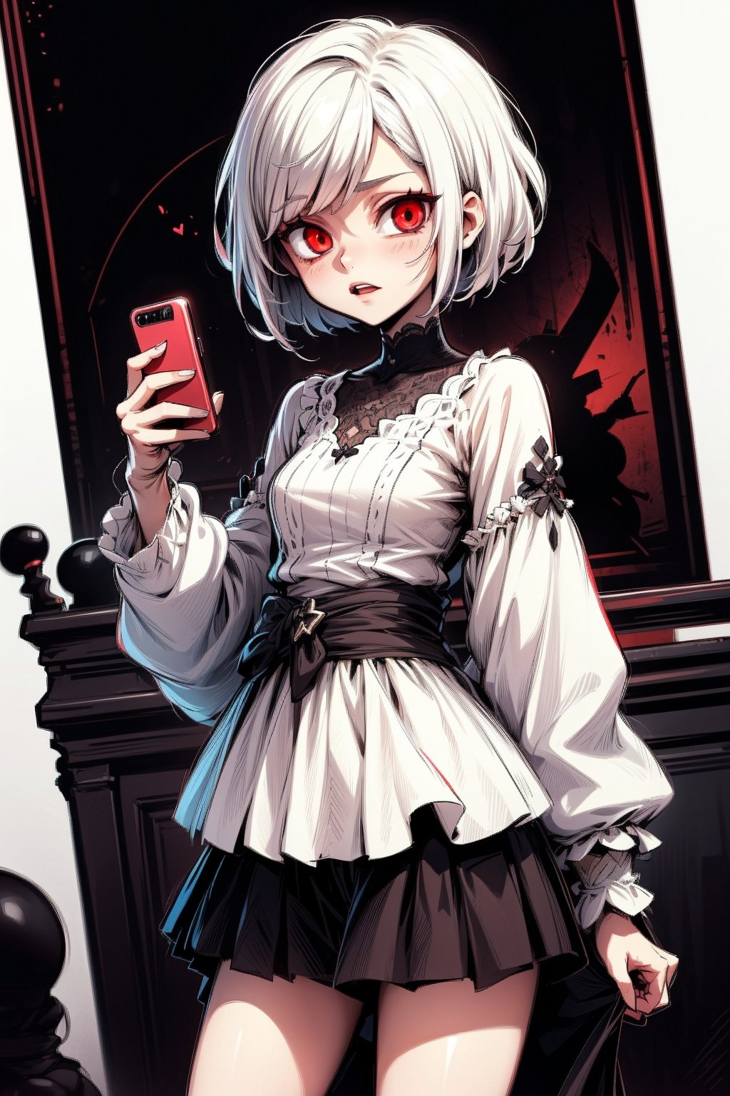 original character , 1girl , girlish short white hair ,  darkred eyes,love,anime,cute,smartphone screen