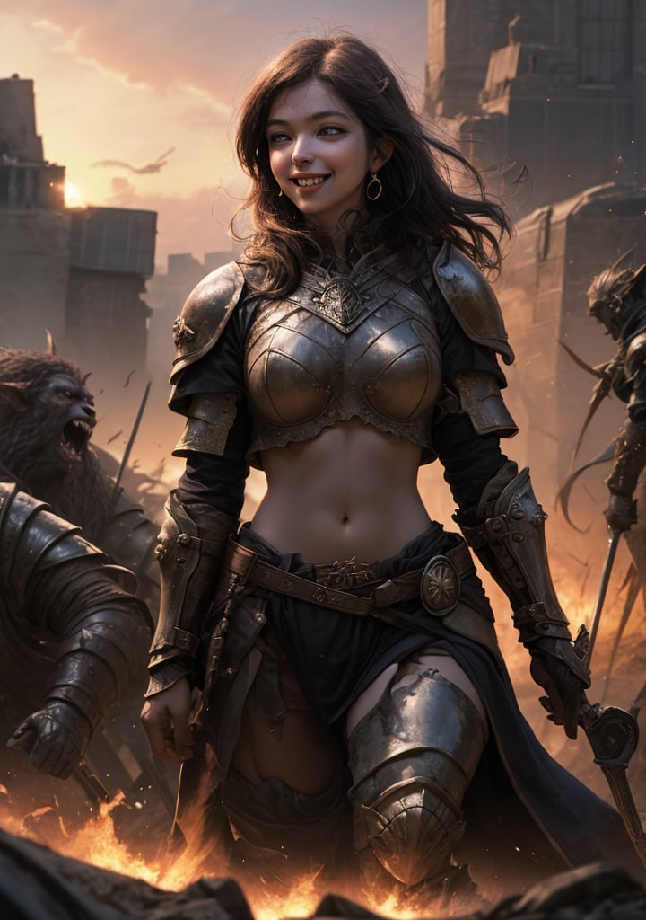 woman,,beauty, smiling,  goddess,2 piece warrior, beast crest on armour, navel, lighting magic, surrounded by orcs, battle field ruined city, apocalypse, busty ,slender body, ,sunset, realistic , fantasy , ciematic masterpiece , 8k , high res