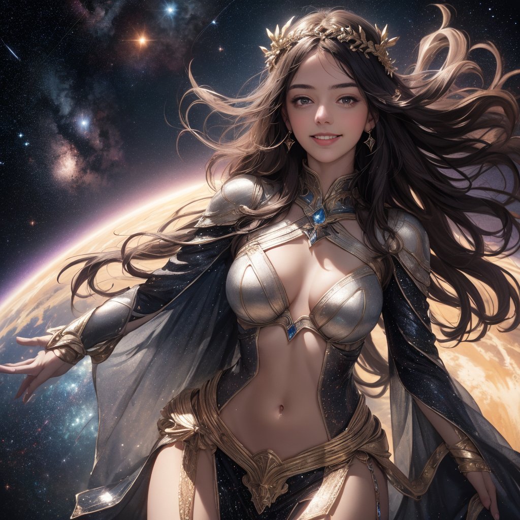 goddess ,beauty , hot ,greek goddess,2 piece , smiling ,in space ,domain over star , edge of galaxy , realistic , fantasy , ciematic masterpiece , 8k , high res