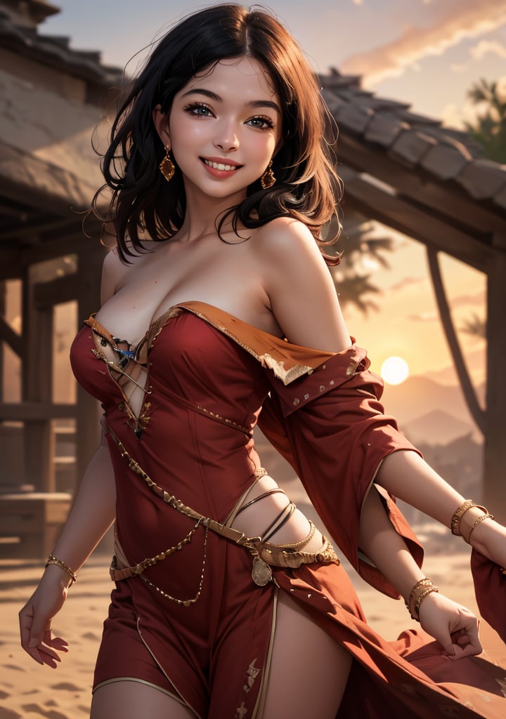 woman,,beauty, smiling, hot, ,dancer,princess,off shoulder, lighting mage, sunset, realistic , fantasy , ciematic masterpiece , 8k , high res