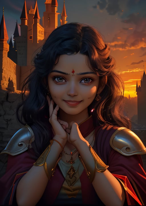 women, ksravanii,beautiful face, smiling 2 piece warrior, beast crest ,lighting hands, dark magic, sunset, castle, ,lighting magic,cinematic .masterpiece high res ,detailed, 3k ,