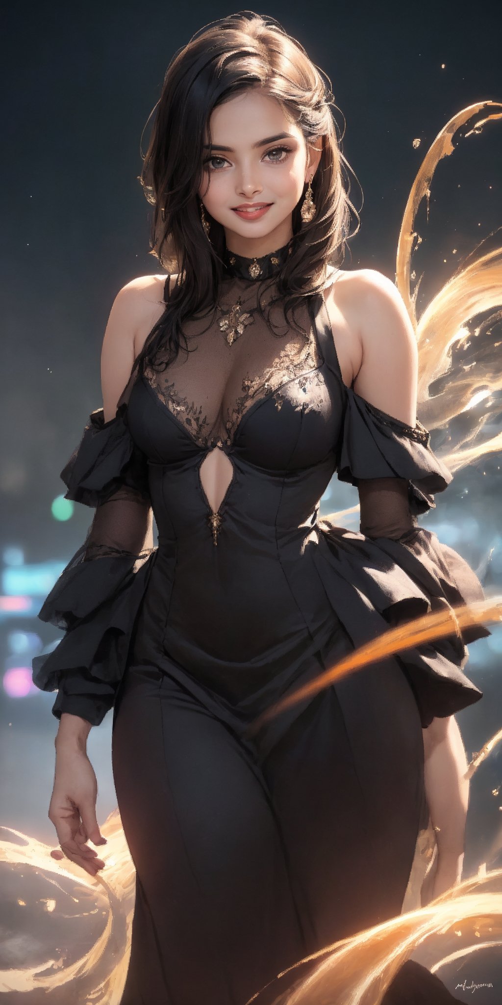Kanushaa,  the majestic princess,  stands tall in a stunning cold-shoulder black one-piece dress by user_72030887958545504...