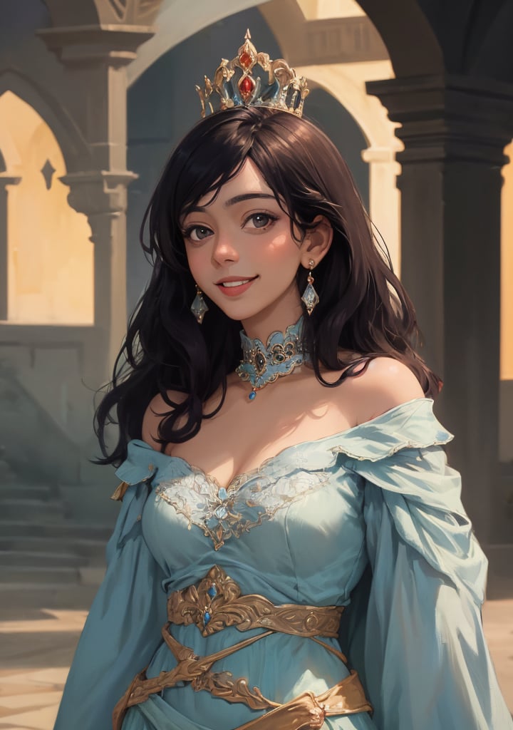 woman sadiya, smiling, princess jasmine ,2piece gown,off shoulder,realistic , fantasy , ciematic masterpiece , 8k , high res