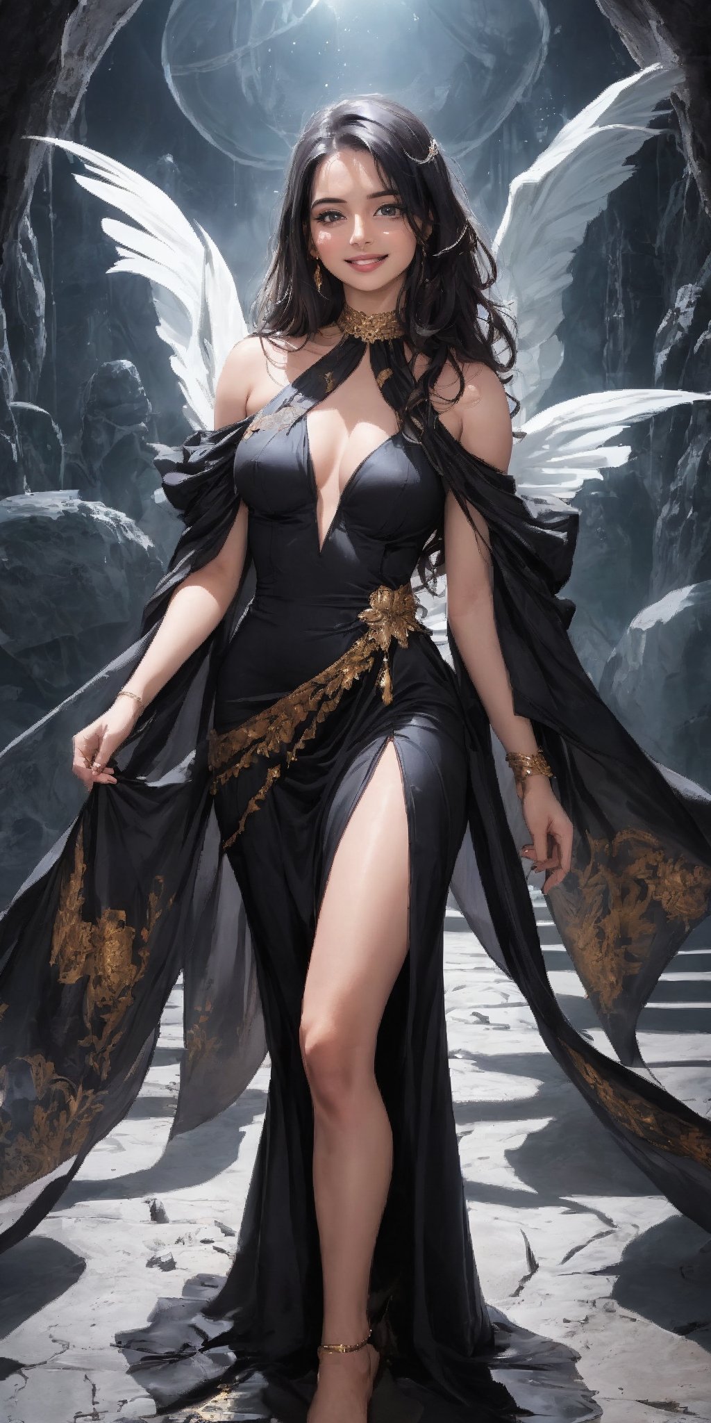 Kanushaa,  the majestic princess,  stands tall in a stunning cold-shoulder black one-piece dress by user_72030887958545504...