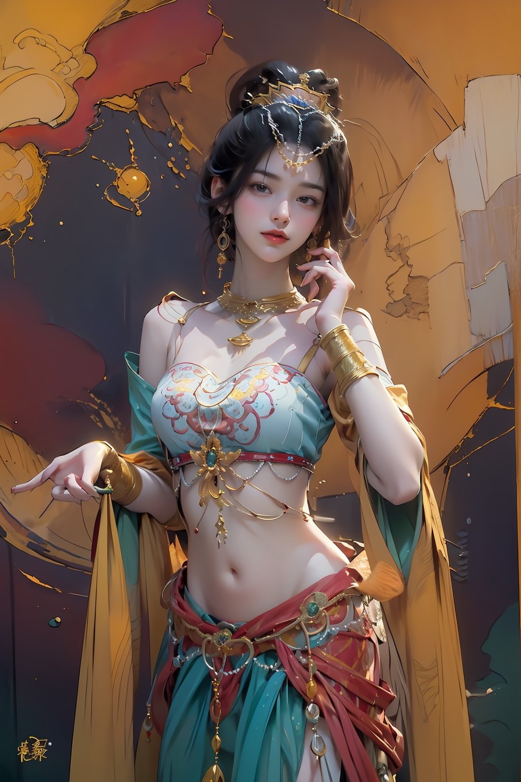 extreme detailed, (masterpiece), (top quality), (best quality), (official art), (beautiful and aesthetic:1.2), (stylish pose), (1 woman), (fractal art:1.3), (colorful), (burgundy-yellow theme: 1.2), ppcp, 七分裙, show navel ,perfect,ChineseWatercolorPainting