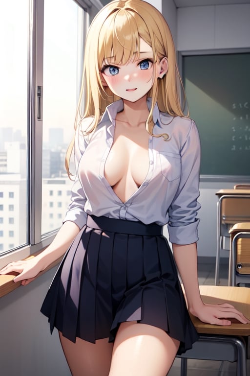 offender blonde girl with school uniform,  unbuttoned shirt by Grisha on Tensor.Art