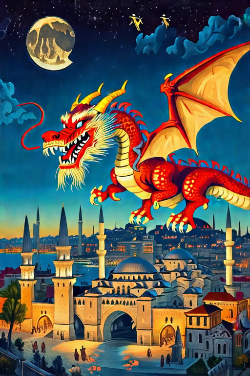  the night dragon flying over historical Istanbul, Dramatic lighting, Osman Hamdi style colors and realistic details capture the intensity of the moment, matte paint, night, detailed rendering, highly detailed, by Osman Hamdi Bey —ar 3:4 —style raw —stylize 250 —v 6,SH,iph0ne