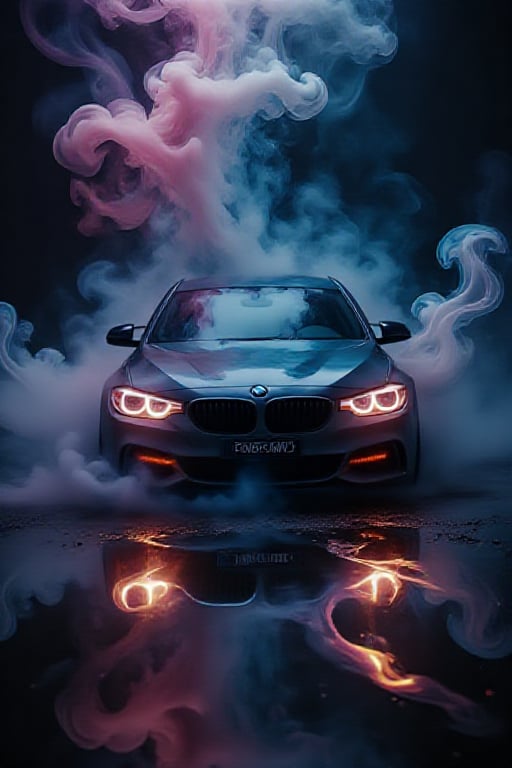 Low angle short from below, close-up view of a BMW is seen highly detailed headlights and the car is coming out from neon smoke, full dark environment, --ar 9:16 --style raw --stylize 500,nebulous,smoke visualization,velvet_myst