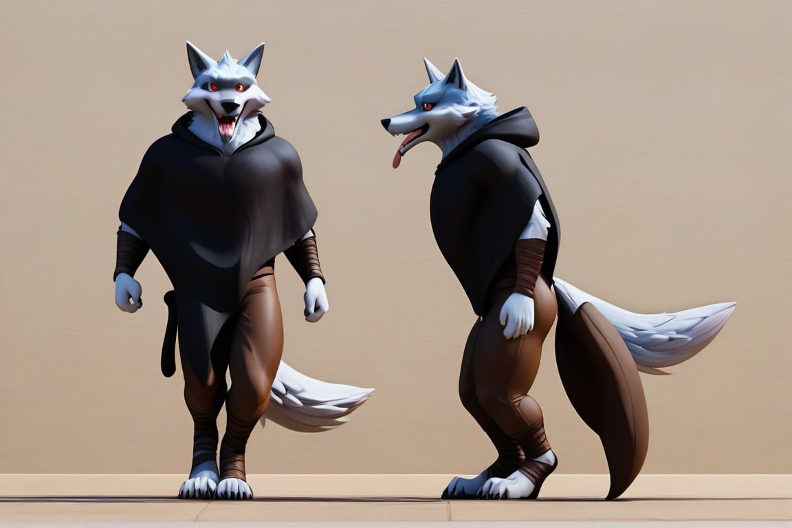 Death \(character\) Wolf, Wolf Anthro, Solo, Red Eyes, Black Hooded Cape, brown pants, full body image, gowling blue eyes, big open mouth tongue out, anthro furry walking on all fours like an ordinary animal, profile view, 2d animation