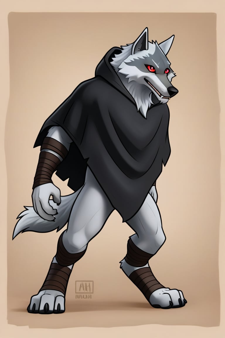 Death \(character\) Wolf, Wolf Anthro, Solo, Red Eyes, Black Hooded Cape, full body image