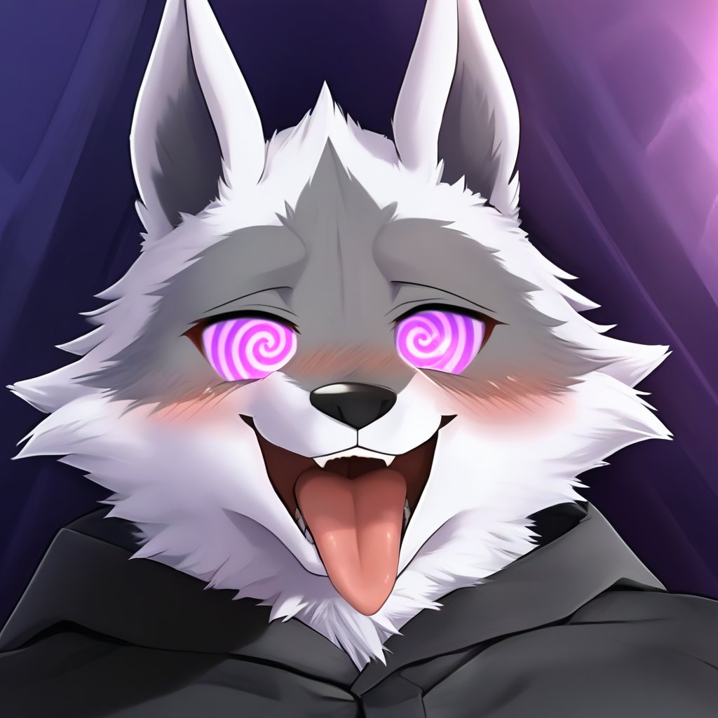 Death \(character\) Wolf Anthro, mind control, spiral eyes, hypnosis, swirly eyes, @_@, hypnotized with glowing purple eyes, happy excited face with lust, blushing, barking, open mouth, tongue out, frontal view