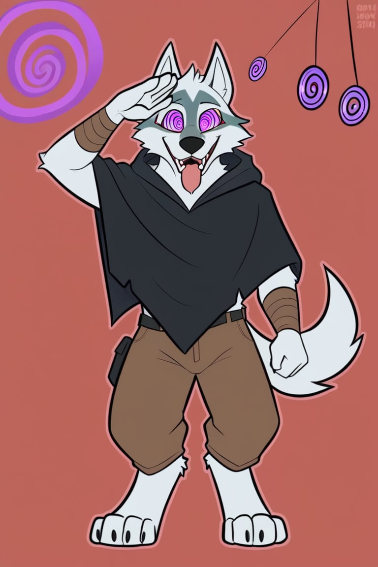 Death \(character\) Wolf, Wolf Anthro, white fur, Solo, Black Hooded Cape, brown pants, full body image, mind control, hypnosis, @_@, gowling purple spiral eyes, swirly eyes, big open mouth tongue out, standing firm giving a military salute