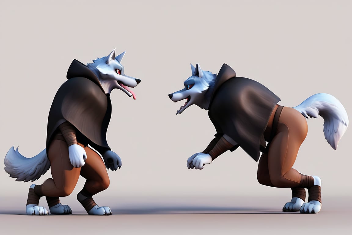 Death \(character\) Wolf, Wolf Anthro, Solo, Red Eyes, Black Hooded Cape, brown pants, full body image, gowling blue eyes, big open mouth tongue out, anthro furry walking on all fours like an ordinary animal, profile view