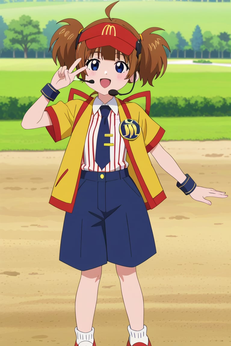 dctabemi, brown hair, short twintails, ahoge, black eyes,
dctabemi, brown hair, short twintails, ahoge, black eyes, visor cap, headset, jacket, open jacket, short sleeves, necktie, white shirt, striped shirt, collared shirt, blue shorts, wristband, bandaid on knees, shoes,
(score_anime,anime_source,anime_screencap1girl,solo:1.1),outdoors,
(8K,masterpiece,best quality,ultra detailed,highres:1.4),
looking at viewer,big smile,v sign,