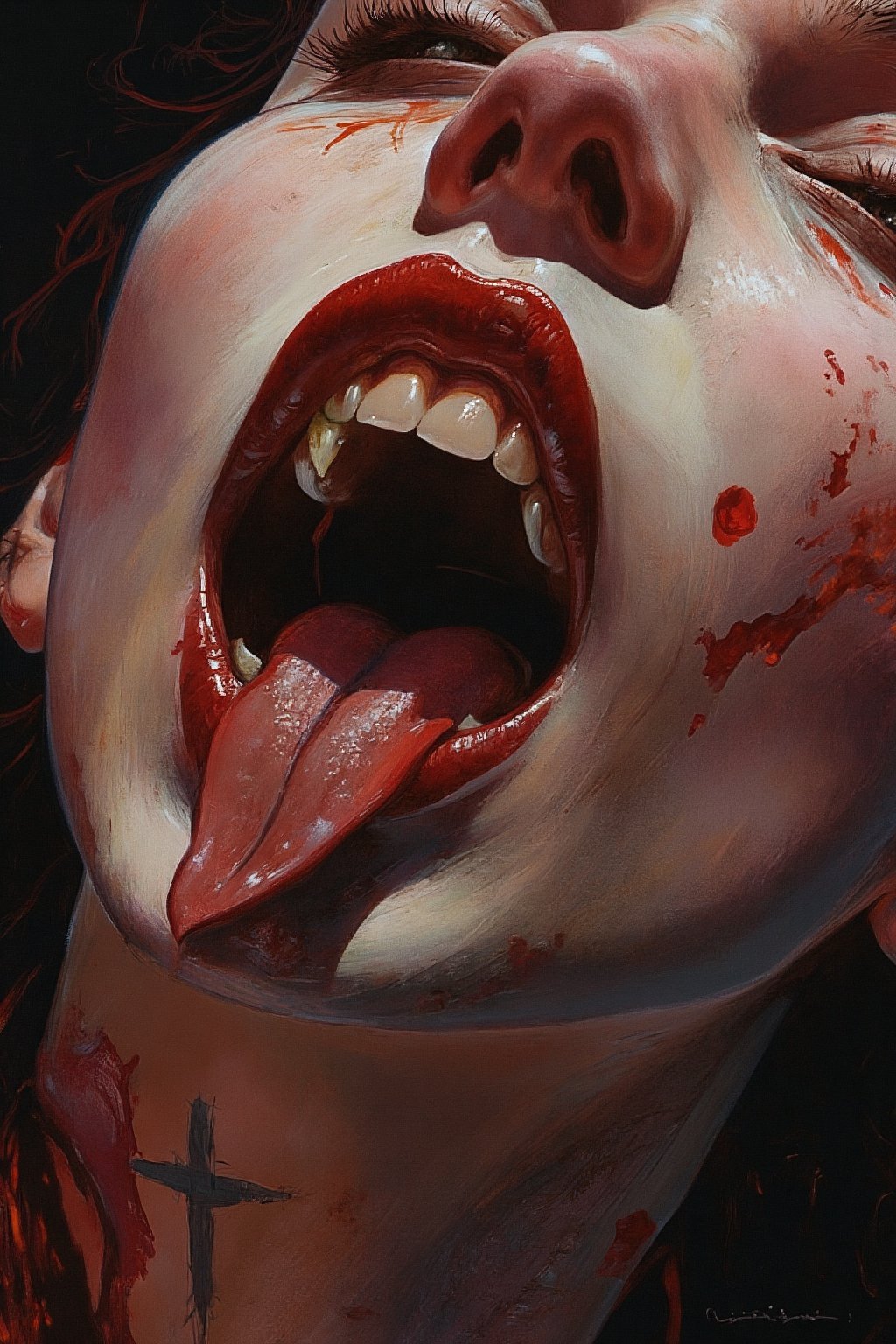 RetroSci style. This image is a highly detailed artwork depicting the close-up of a person's mouth and chin, focusing on the vampire theme. The subject has pale skin, with a glossy, almost wet texture, indicating a high level of realism in the digital medium. The lips are painted in a deep, glossy red, with a slight sheen that enhances the wet look. The teeth are sharp and white, with two prominent fangs protruding from the upper jaw. The tongue is slightly extended, adding to the vampire-like appearance. A black, cross-shaped tattoo is visible on the lower lip, adding a gothic touch to the image. The background is dark, with subtle hints of red and black, creating a dramatic contrast with the subject. The lighting in the image is soft but highlights the glossiness of the lips and the sheen on the skin, emphasizing the wetness and the vampire theme, power , chainsaw_man power , looking_at_viewer