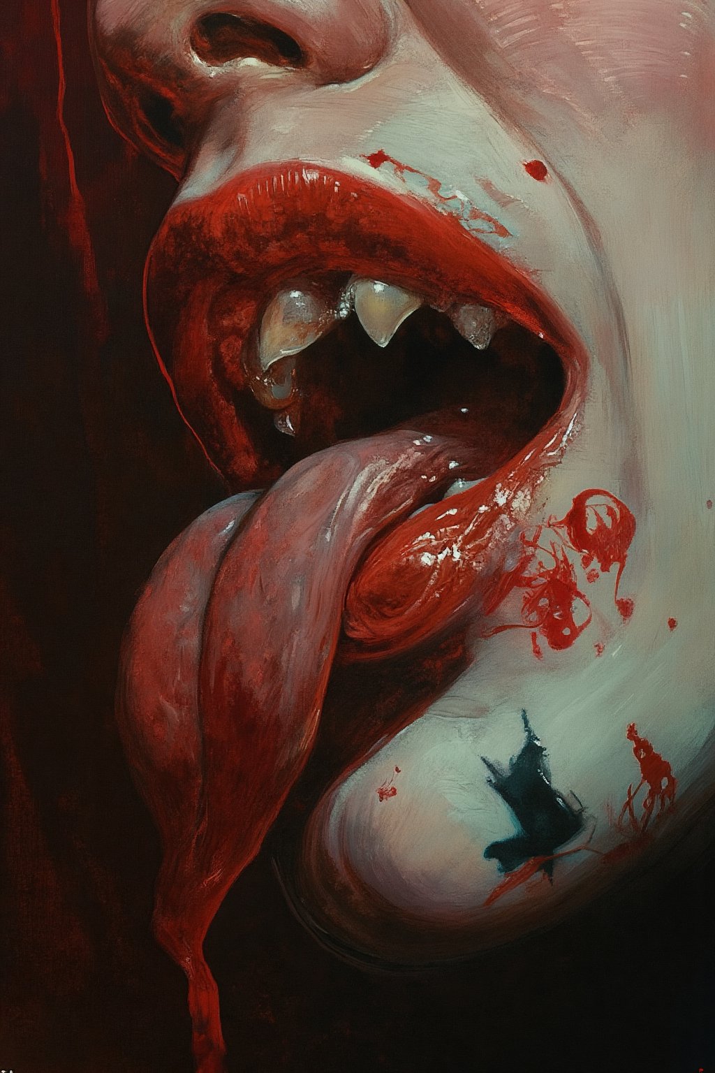 RetroSci style. This image is a highly detailed artwork depicting the close-up of a person's mouth and chin, focusing on the vampire theme. The subject has pale skin, with a glossy, almost wet texture, indicating a high level of realism in the digital medium. The lips are painted in a deep, glossy red, with a slight sheen that enhances the wet look. The teeth are sharp and white, with two prominent fangs protruding from the upper jaw. The tongue is slightly extended, adding to the vampire-like appearance. A black, cross-shaped tattoo is visible on the lower lip, adding a gothic touch to the image. The background is dark, with subtle hints of red and black, creating a dramatic contrast with the subject. The lighting in the image is soft but highlights the glossiness of the lips and the sheen on the skin, emphasizing the wetness and the vampire theme, power , chainsaw_man power , looking_at_viewer.