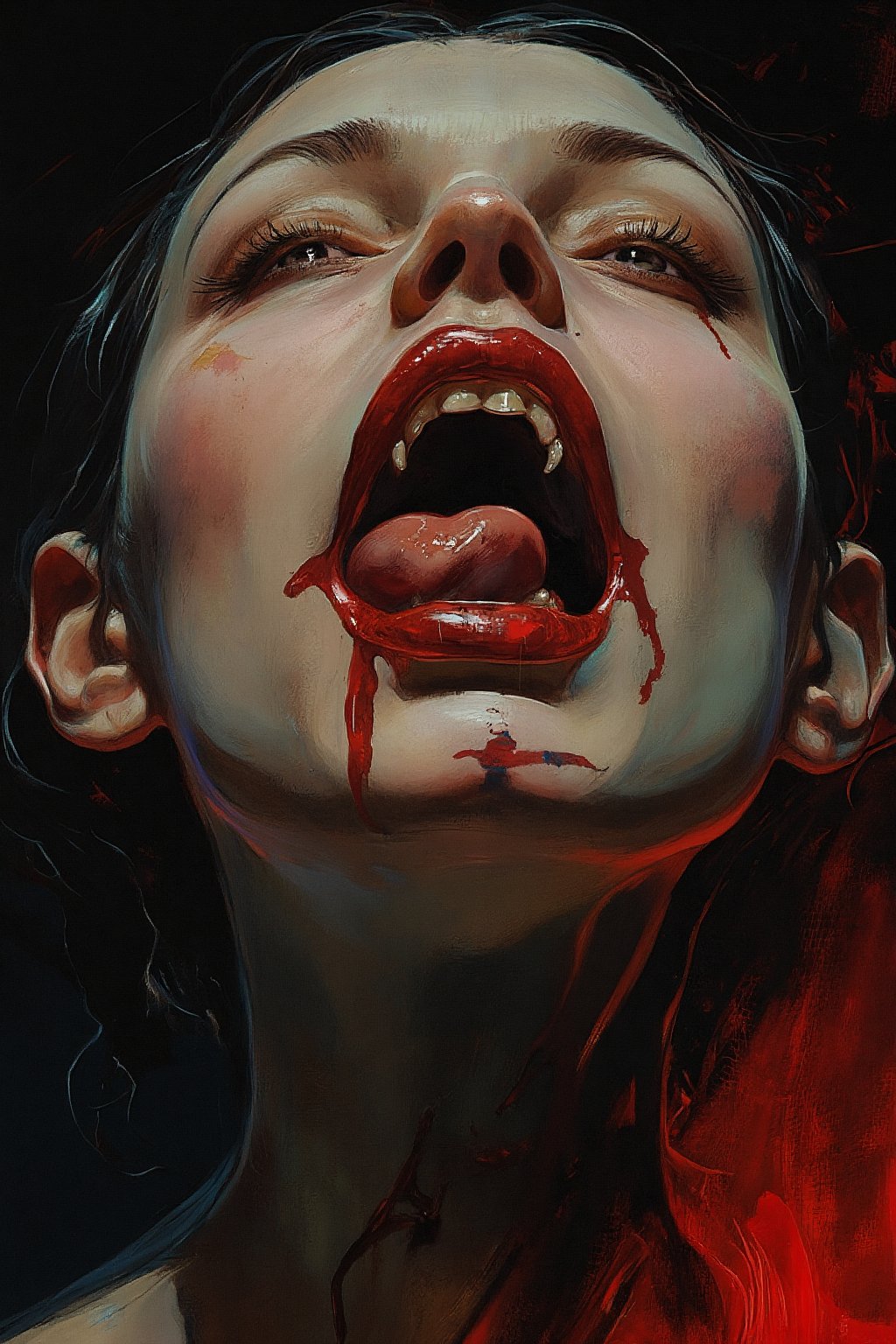 RetroSci style. This image is a highly detailed artwork depicting the close-up of a person's mouth and chin, focusing on the vampire theme. The subject has pale skin, with a glossy, almost wet texture, indicating a high level of realism in the digital medium. The lips are painted in a deep, glossy red, with a slight sheen that enhances the wet look. The teeth are sharp and white, with two prominent fangs protruding from the upper jaw. The tongue is slightly extended, adding to the vampire-like appearance. A black, cross-shaped tattoo is visible on the lower lip, adding a gothic touch to the image. The background is dark, with subtle hints of red and black, creating a dramatic contrast with the subject. The lighting in the image is soft but highlights the glossiness of the lips and the sheen on the skin, emphasizing the wetness and the vampire theme, power , chainsaw_man power , looking_at_viewer