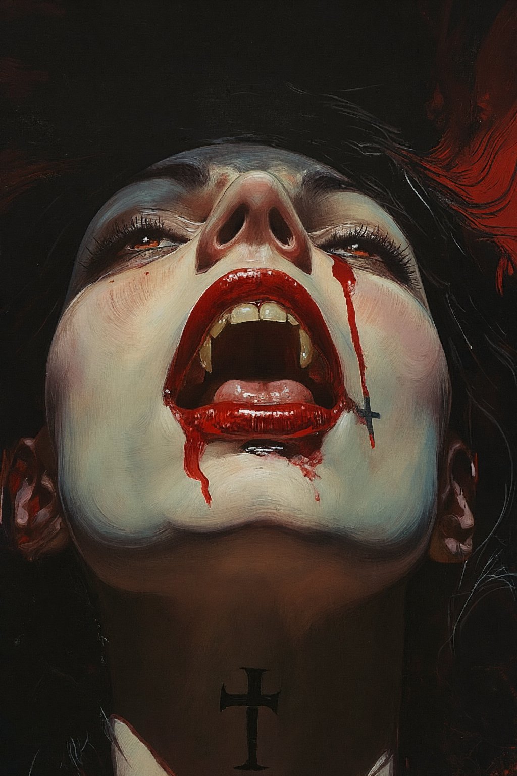 RetroSci style. This image is a highly detailed artwork depicting the close-up of a person's mouth and chin, focusing on the vampire theme. The subject has pale skin, with a glossy, almost wet texture, indicating a high level of realism in the digital medium. The lips are painted in a deep, glossy red, with a slight sheen that enhances the wet look. The teeth are sharp and white, with two prominent fangs protruding from the upper jaw. The tongue is slightly extended, adding to the vampire-like appearance. A black, cross-shaped tattoo is visible on the lower lip, adding a gothic touch to the image. The background is dark, with subtle hints of red and black, creating a dramatic contrast with the subject. The lighting in the image is soft but highlights the glossiness of the lips and the sheen on the skin, emphasizing the wetness and the vampire theme, power , chainsaw_man power , looking_at_viewer