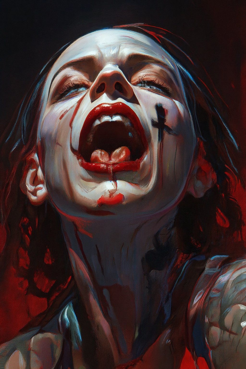 RetroSci style. This image is a highly detailed artwork depicting the close-up of a person's mouth and chin, focusing on the vampire theme. The subject has pale skin, with a glossy, almost wet texture, indicating a high level of realism in the digital medium. The lips are painted in a deep, glossy red, with a slight sheen that enhances the wet look. The teeth are sharp and white, with two prominent fangs protruding from the upper jaw. The tongue is slightly extended, adding to the vampire-like appearance. A black, cross-shaped tattoo is visible on the lower lip, adding a gothic touch to the image. The background is dark, with subtle hints of red and black, creating a dramatic contrast with the subject. The lighting in the image is soft but highlights the glossiness of the lips and the sheen on the skin, emphasizing the wetness and the vampire theme, power , chainsaw_man power , looking_at_viewer.