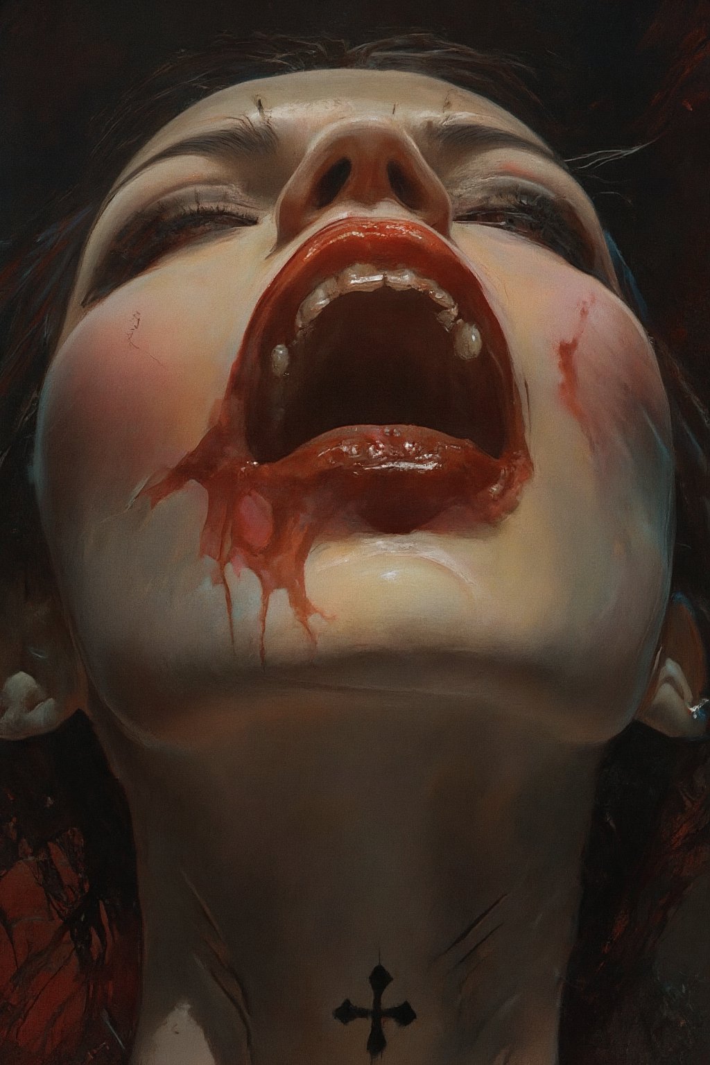 RetroSci style. This image is a highly detailed artwork depicting the close-up of a person's mouth and chin, focusing on the vampire theme. The subject has pale skin, with a glossy, almost wet texture, indicating a high level of realism in the digital medium. The lips are painted in a deep, glossy red, with a slight sheen that enhances the wet look. The teeth are sharp and white, with two prominent fangs protruding from the upper jaw. The tongue is slightly extended, adding to the vampire-like appearance. A black, cross-shaped tattoo is visible on the lower lip, adding a gothic touch to the image. The background is dark, with subtle hints of red and black, creating a dramatic contrast with the subject. The lighting in the image is soft but highlights the glossiness of the lips and the sheen on the skin, emphasizing the wetness and the vampire theme, power , chainsaw_man power , looking_at_viewer.