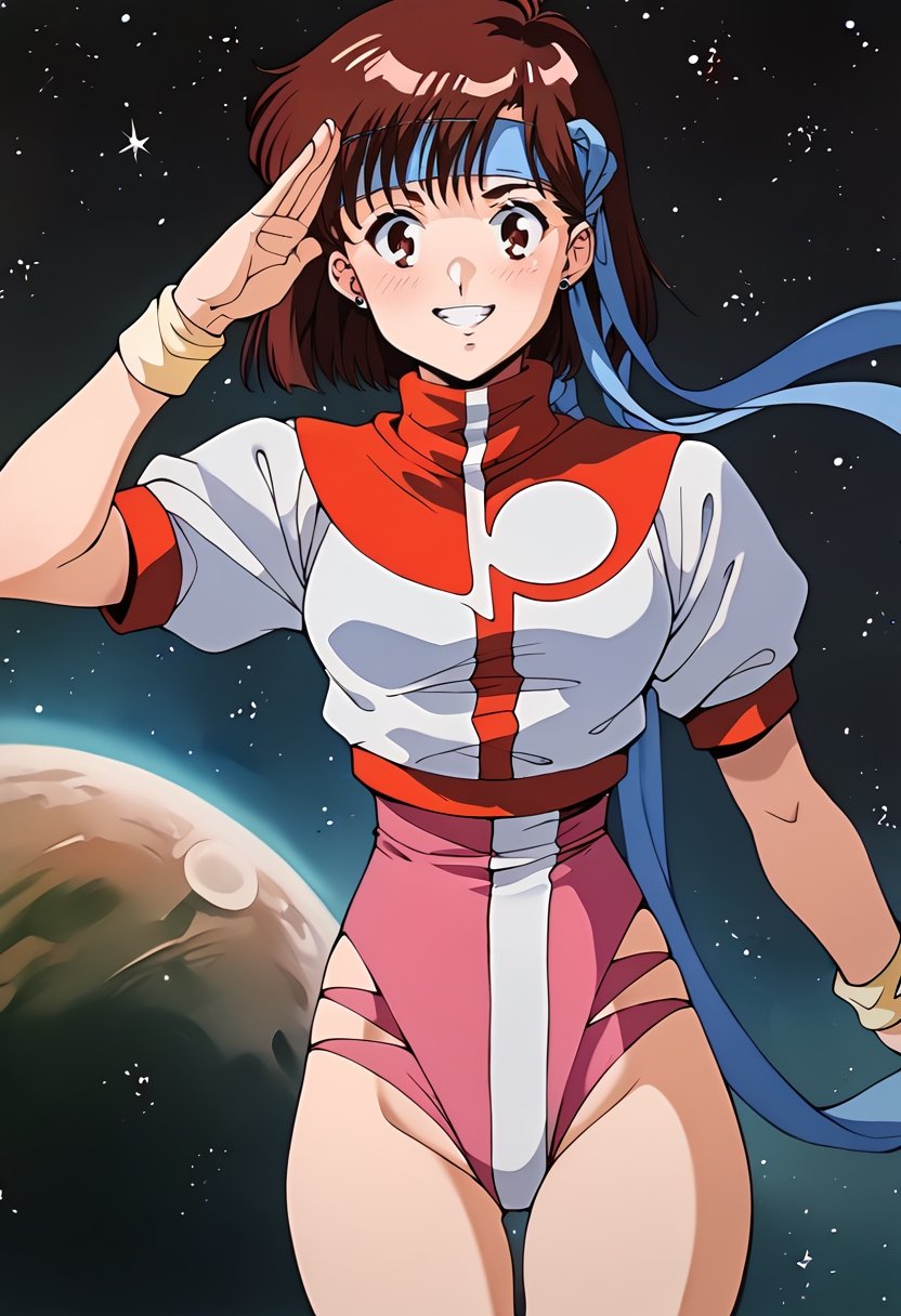 score_9, score_8_up, score_7_up, ,1980s (style), artist_Kubooka toshiyuki(style),(aim for the top!),EPguTakayaNoriko, brown hair, brown eyes, short hair,(leotard, headband, pink leotard, blue headband:1.3), (pretty anime face:1.3)
,WATERCOLOR \(MEDIUM\),EPguTakayaNoriko, brown hair, brown eyes, short hair, leotard, headband, pink leotard, blue headband,Smile_ salute,
in space,BIG EYES