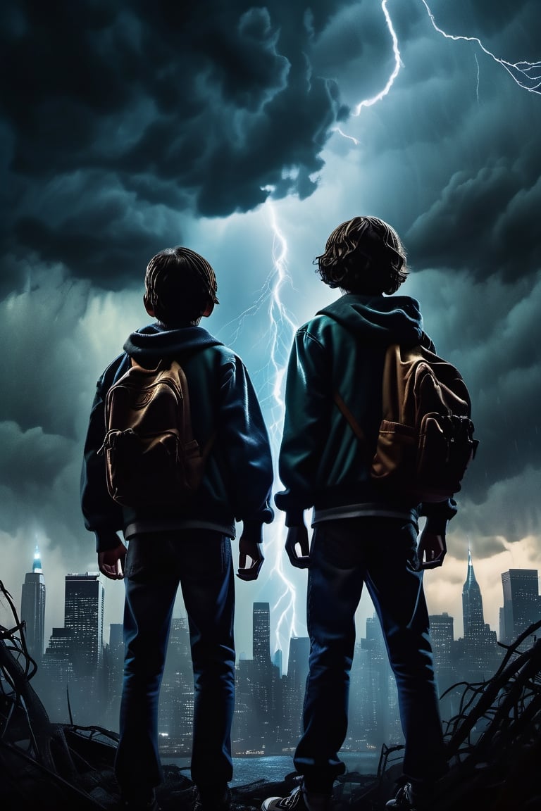 Close-up image, a silhouette of 2 teenagers standing and facing away in manhattan, over a scary sky,  dark, apocalyptical, with lightning, horror movie atmosphere panoramic shot, stranger things style, film poster style 